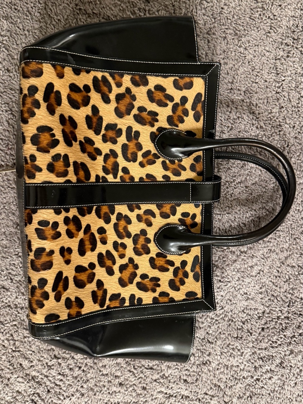Alberta Di Canio Leopard Print Tote with Black Trim genuine leather